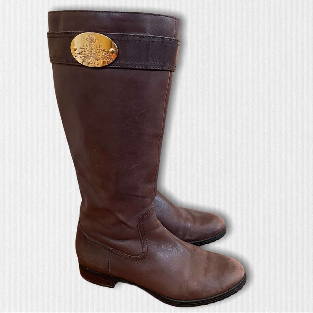 Ralph Lauren Brown Leather Zip Calf Boots w/ Gold